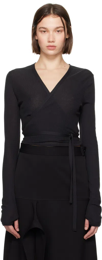 Lemaire Black Wrapover Cardigan In Mu163 Granite Black