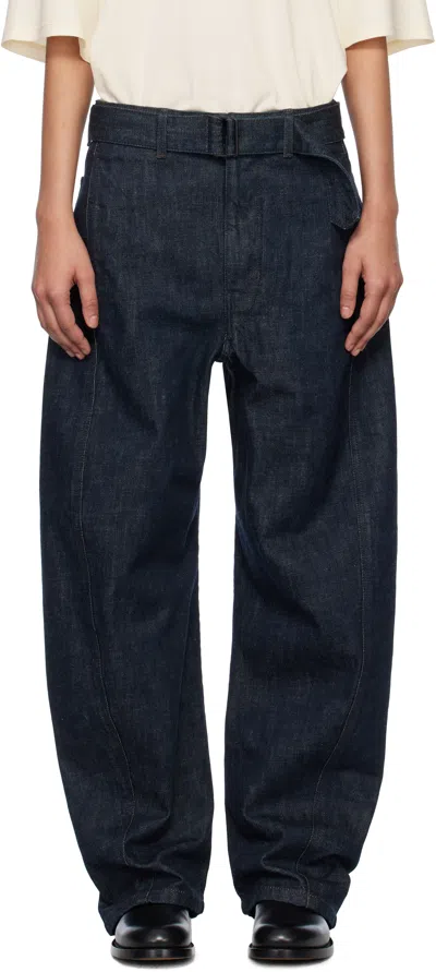 Lemaire Blue Twisted Belted Jeans In Bl760 Denim Indigo