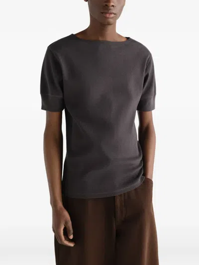 Lemaire Boat-neck T-shirt In Linen And Cotton Ribbed Jersey In Gray