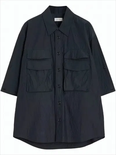 Lemaire Boxy Black Button-down Shirt With Flap Pockets In Blue