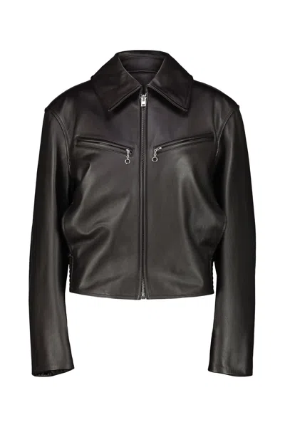 Lemaire Brown Boxy Leather Blouson Jacket In Black