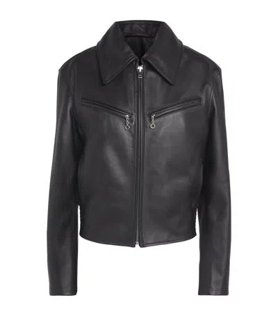 Lemaire Brown Boxy Leather Blouson Jacket In Black