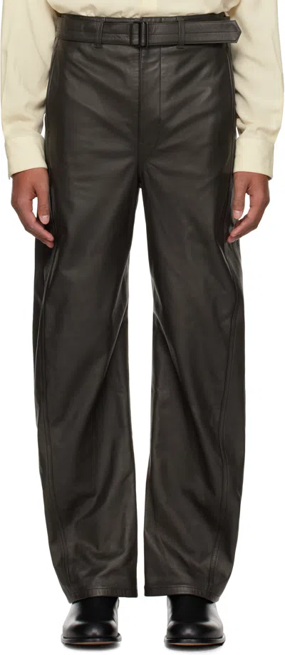 Lemaire Brown Belted Twisted Leather Pants In Br507 Dark Espresso