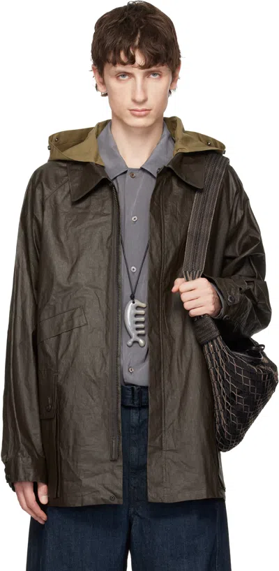 Lemaire Brown Detachable Hood Coated Technical Linen Rain Jacket In Green