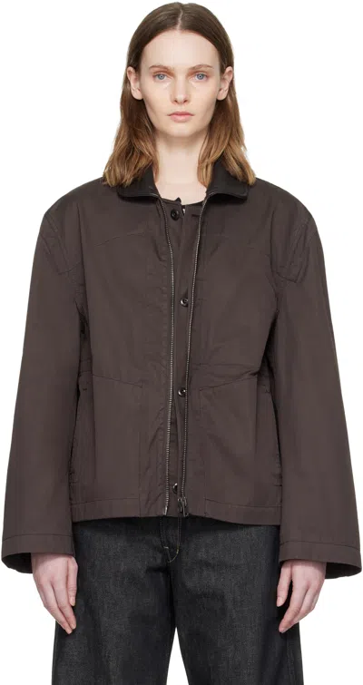 Lemaire Brown Leather Collar Cotton Twill Blouson Jacket
