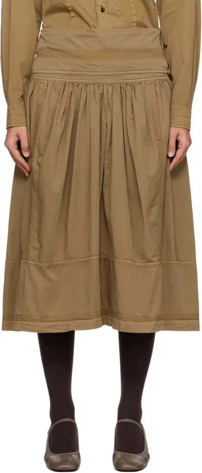 Lemaire Brown Multi-topstitched Gathered Midi Skirt In Br409 Cub Brown