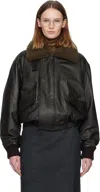 Lemaire Brown Shearling Collar Blouson Leather Jacket In Black