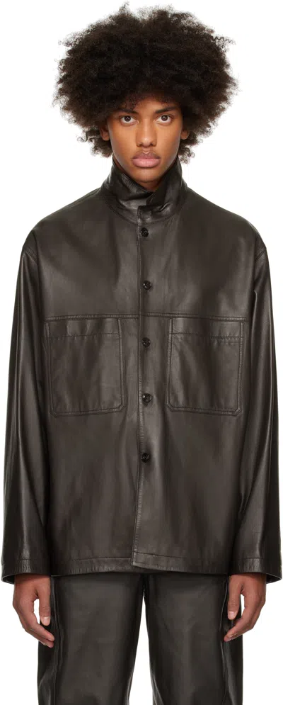 Lemaire Stand Collar Leather Shirt Jacket In Dark Espresso Br507