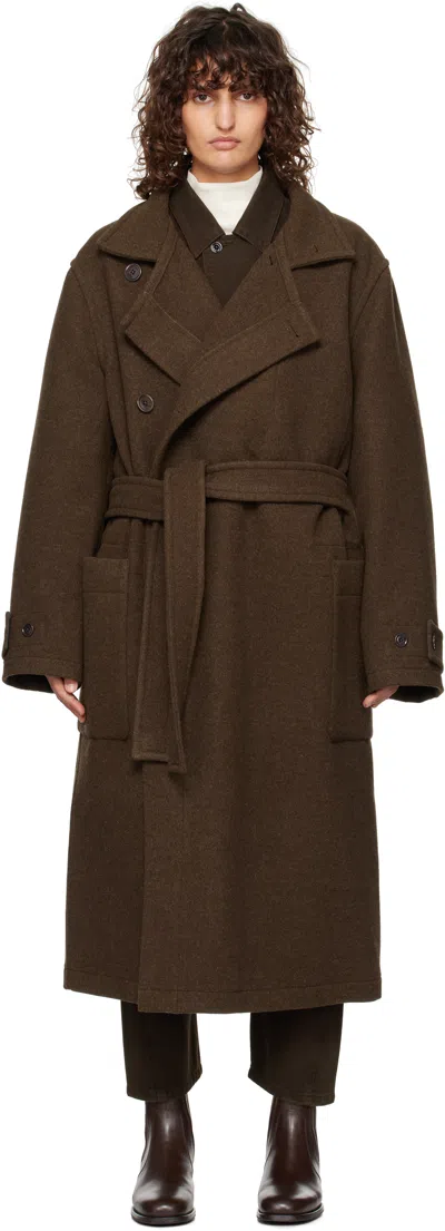 Lemaire Brown Wrap Coat In Mu194 Brown Chine