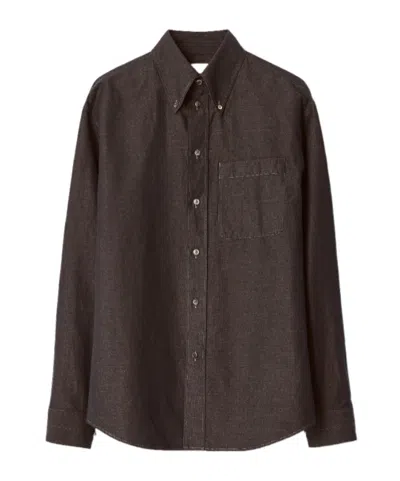 Lemaire Button-down Shirt In Linen And Cotton Chambray In Brown