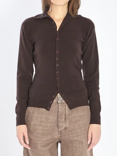 Lemaire Wool Cardigan Featuring High Collar And Ribbed Cuffs In Brown