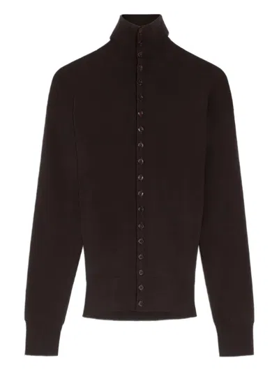 Lemaire Wool Cardigan Featuring High Collar And Ribbed Cuffs In Brown