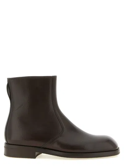 Lemaire Calf Leather Square Toe Ankle Boot In Brown