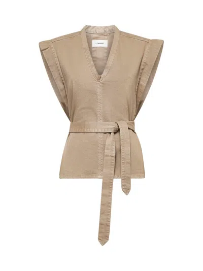 Lemaire Sleeveless V-neck Belted Top With Stitch Detailing In Beige