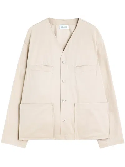 Lemaire Collarless Shirt Jacket In Beige