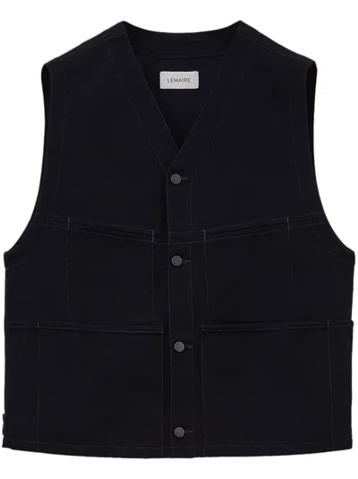 Lemaire Collarless V-neck Cotton Gilet In Black