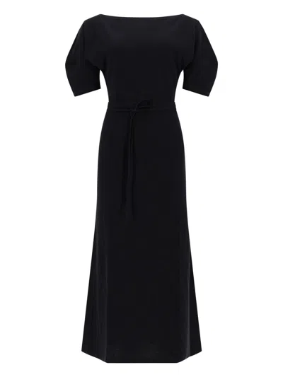 Lemaire Cotton Linen Dress Belted Waist Maxi In Black