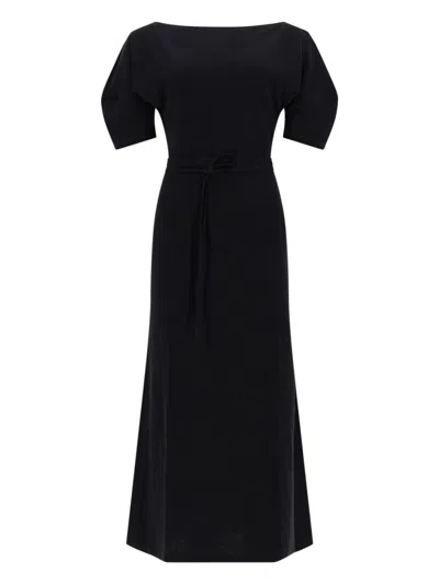 Lemaire Cotton Linen Boat Neckline Blend Midi Dress In Black