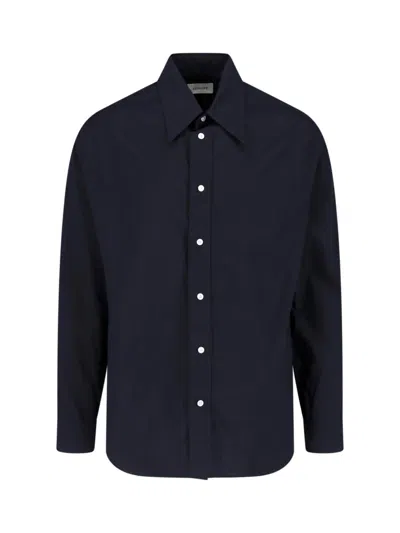 Lemaire Long Sleeve Shirt Curved Hem Pointed Collar In Blue