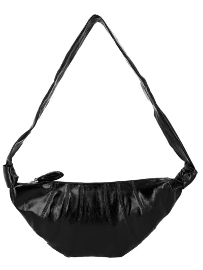 Lemaire Crescent-shaped Black Cotton Shoulder Bag With Gathered Detailing In White