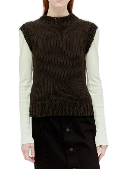 Lemaire Crewneck Chunky Knitted Waistcoat In Brown