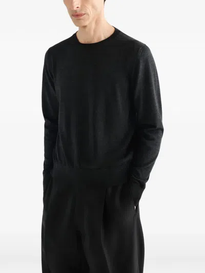 Lemaire Crew-neck Sweater In Fine Mouliné Merino Wool In Black