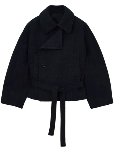 Lemaire Cropped Asymmetrical Belted Coat In Black