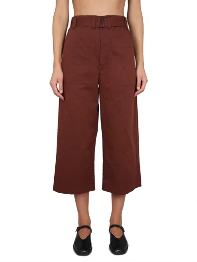 Lemaire Cropped Belted Pocket Pants In Brown