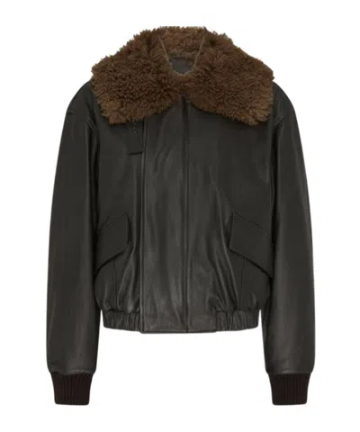Lemaire Cropped Waist Leather Jacket In Brown