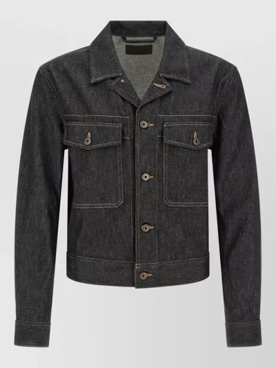 Lemaire Denim Trucker Jacket Regular Fit Collar In Gray