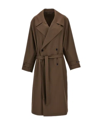 Lemaire Brown Double-breasted Trench Coat In Br480 Olive Brown