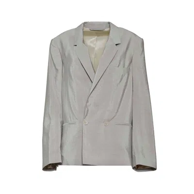 Lemaire Double-breasted Long-sleeved Crinkled Blazer In Grey