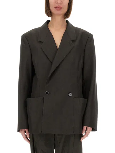 Lemaire Double Breasted Tailored Jacket In Brown