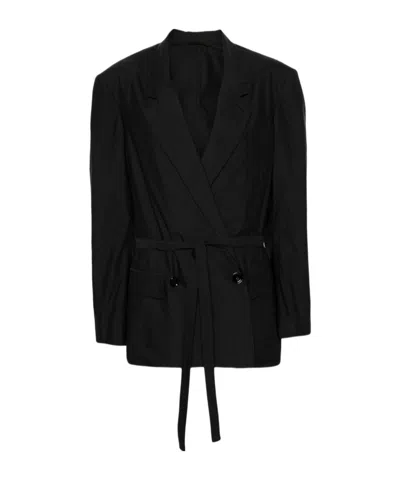 Lemaire Double-breasted Belted Tailored Blazer In Black