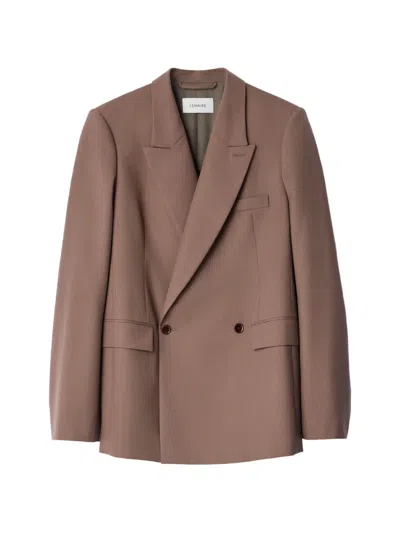 Lemaire Double-breasted Tailored Jacket In Tropical Wool Blend In Brown