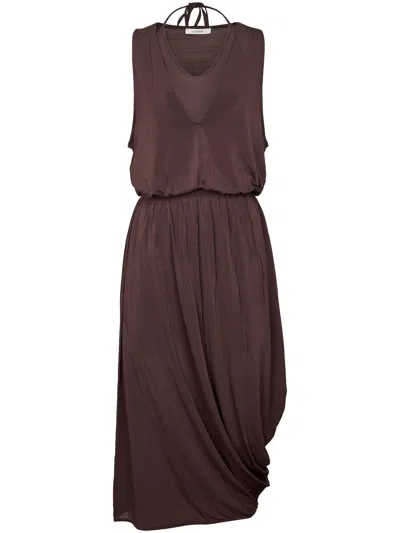 Lemaire Double-layer Draped Midi Dress With Unique Asymmetrical Hem In Brown