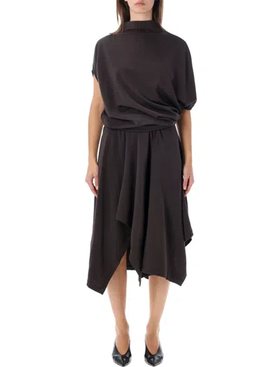 Lemaire Twist Asymmetric Draped Wool-blend Jersey Maxi Dress In Brown