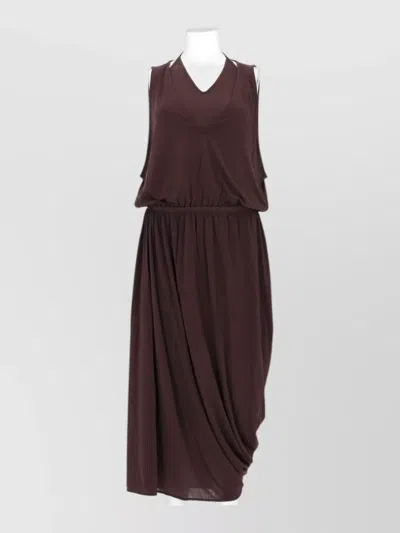Lemaire Draped Sleeveless Dress Elastic Waist V Neck In Burgundy