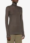 Lemaire Stretch Ribbed Turtleneck Sweater With Sheer Texture In Brown