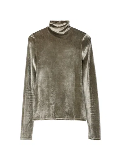 Lemaire Fitted Stand-collar Top In Velvet Jersey In Green