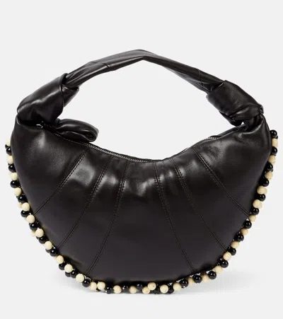 Lemaire Mini Fortune Croissant Bead-embellished Paneled Leather Shoulder Bag In Black