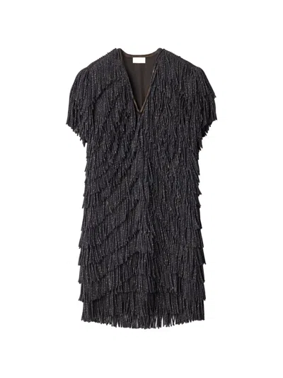 Lemaire Fringed Dress In Snake-printed Dry Silk In Black