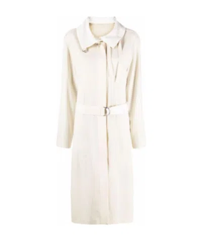 Lemaire Funnel-neck Side-slit Wool Coat In Neutral