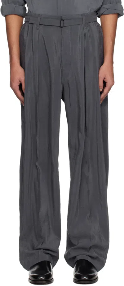 Lemaire Gray Belted Relaxed Trousers In Bk991 Asphalt