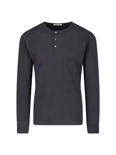 Lemaire Grey Cotton-linen Long-sleeve Henley T-shirt In Blue