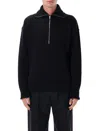 Lemaire Half Zip Sweater In Ribbed Virgin Wool In Black