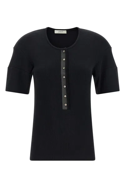 Lemaire Henley Knit Short Sleeve Round Neck Sweater In Black