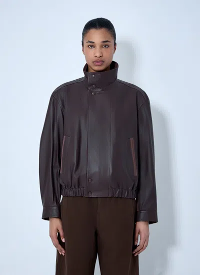 Lemaire High-collar Leather Jacket In Brown