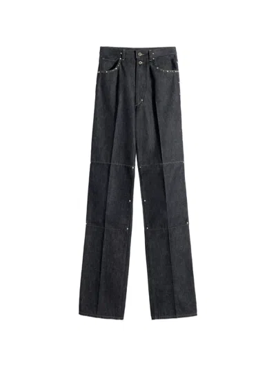 Lemaire High Waisted Straight Pants With Studs In Denim In Black