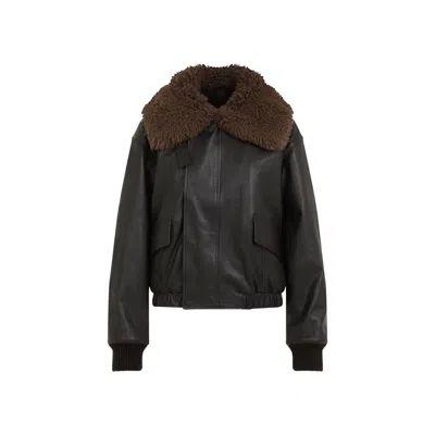 Lemaire Leather Blouson Shearling Collar In Brown